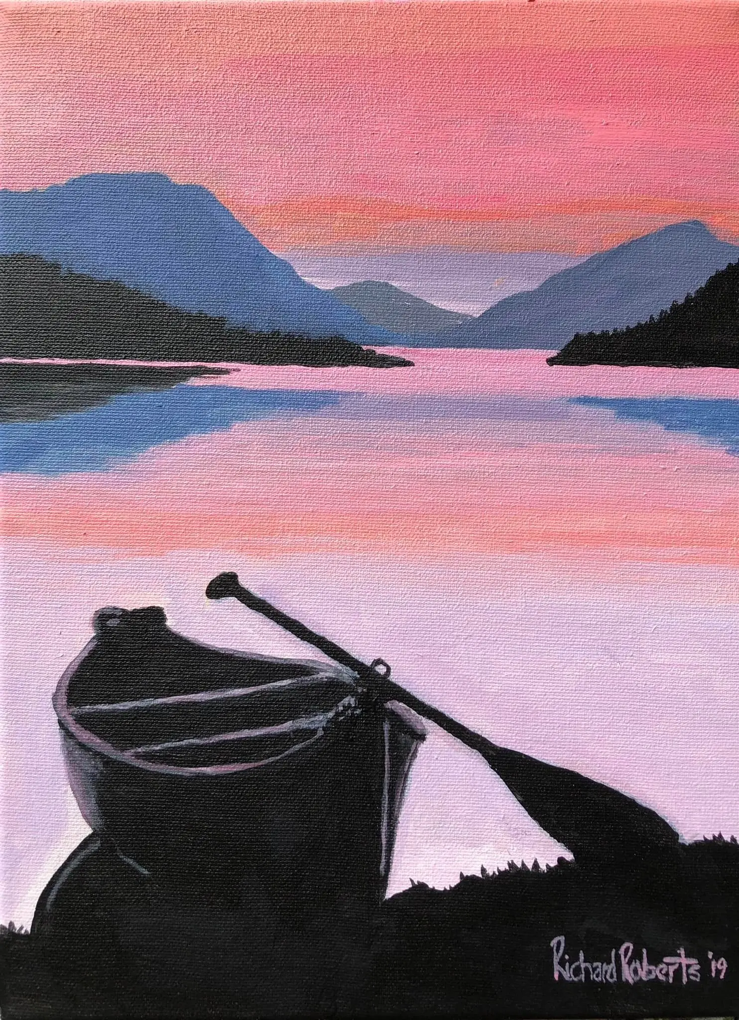 Original art by Richard Roberts. Canoe in the sunset.