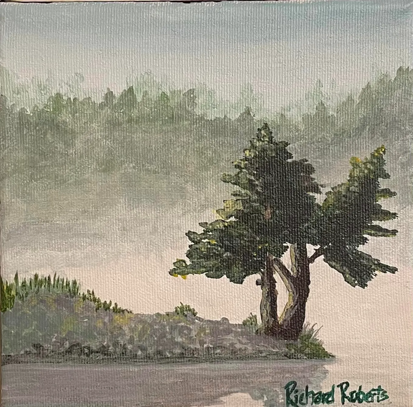 Original Art by Richard Roberts. Two trees on the river bank