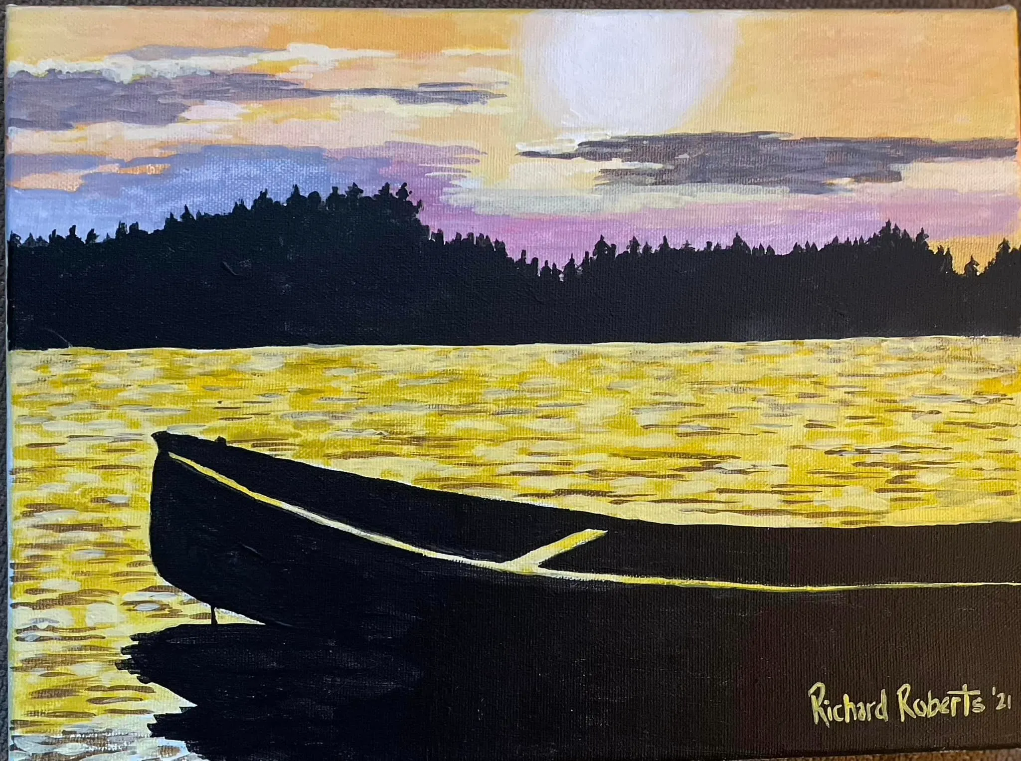 Original art by Richard Roberts. Canoe on a Lake