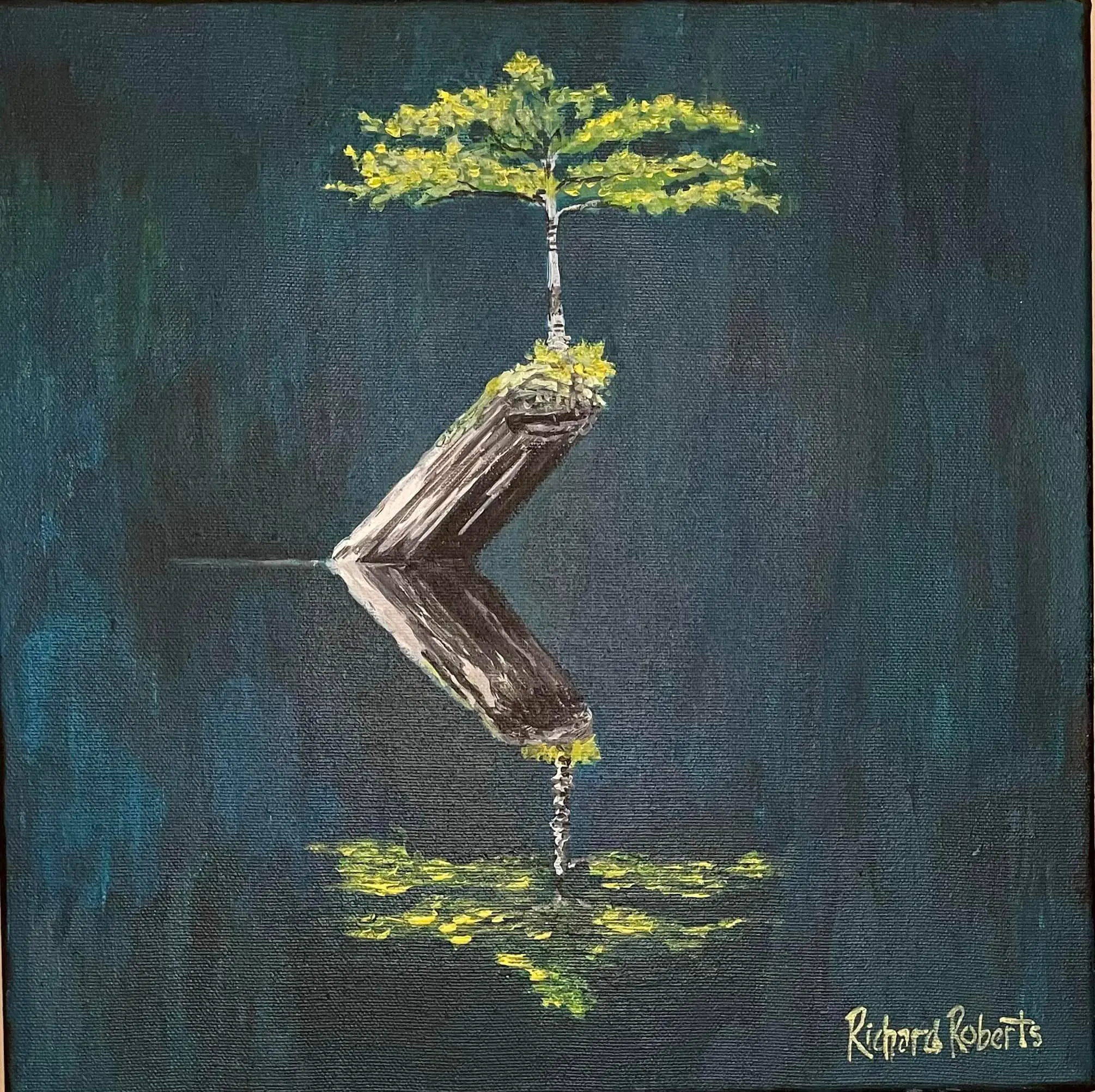 Original art by Richard Roberts. Tree on a stump