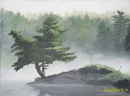 Original Art by Richard Roberts. Pine tree on small island