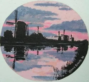 Original art by Richard Roberts. Windmills in Netherlands