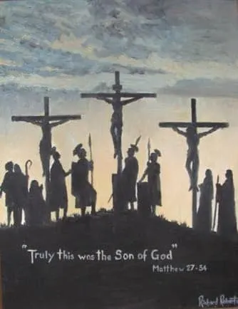 Mosiac View 47 Crucifixion scene of the three crosses. Original art by Richard Roberts